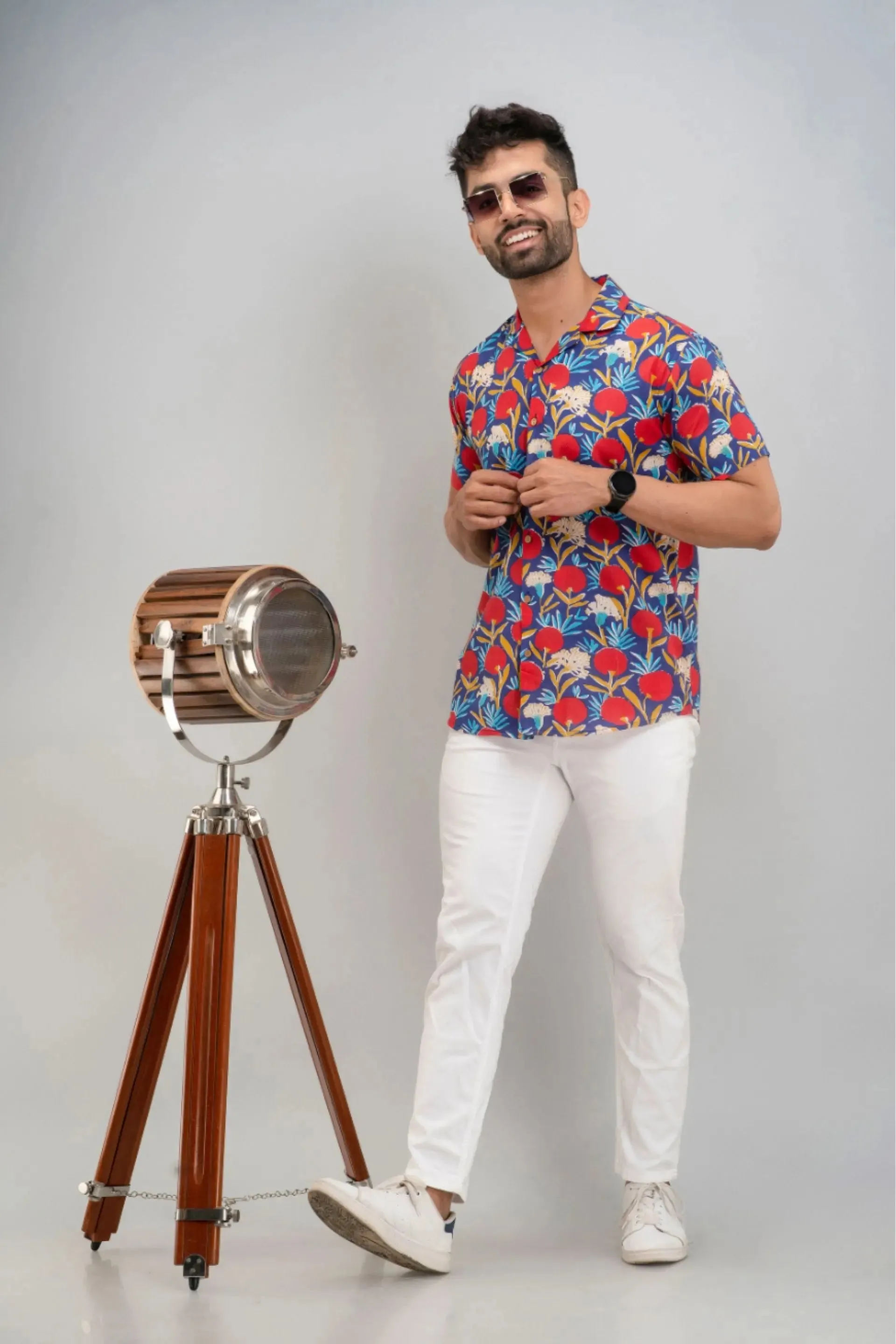 Firangi Yarn Jungle Theme Printed Cotton Blue Cuban Collar Shirt For Men